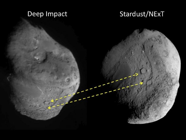 These two images show the different views of comet Tempel 1 seen by NASA's Deep Impact spacecraft (left) and NASA's Stardust spacecraft (right). These two images show the different views of comet Tempel 1 seen by NASA's Deep Impact spacecraft (left) and NASA's Stardust spacecraft (right).