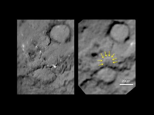 This pair of images shows the before-and-after comparison of the part of comet Tempel 1 that was hit by the impactor from NASA's Deep Impact spacecraft. Image credit: NASA/JPL-Caltech/University of Maryland/Cornell This pair of images shows the before-and-after comparison of the part of comet Tempel 1 that was hit by the impactor from NASA's Deep Impact spacecraft. Image credit: NASA/JPL-Caltech/University of Maryland/Cornell