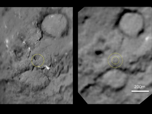 This pair of images shows the area affected by the impactor released by NASA's Deep Impact spacecraft in July 2005. On the left, the image from Deep Impact shows a dark mound about 50 meters (160 feet) in size. It is inside a yellow circle that shows the area hit by the impactor released by Deep Impact. Image credit: NASA/JPL-Caltech/University of Maryland/Cornell This pair of images shows the area affected by the impactor released by NASA's Deep Impact spacecraft in July 2005. On the left, the image from Deep Impact shows a dark mound about 50 meters (160 feet) in size. It is inside a yellow circle that shows the area hit by the impactor released by Deep Impact. Image credit: NASA/JPL-Caltech/University of Maryland/Cornell