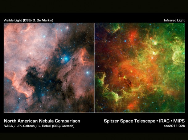 This image layout compares visible (left) and infrared views of the North American nebula, taken by the Digitized Sky Survey and NASA's Spitzer Space Telescope, respectively. Image credit: NASA/JPL-Caltech This image layout compares visible (left) and infrared views of the North American nebula, taken by the Digitized Sky Survey and NASA's Spitzer Space Telescope, respectively. Image credit: NASA/JPL-Caltech