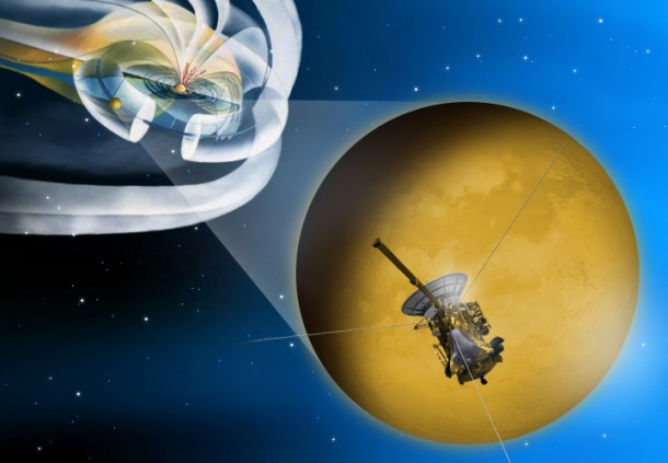 Artist's concept of the Feb. 18, 2011, flyby of Saturn's moon Titan by NASA's Cassini spacecraft. Image credit: NASA/JPL-Caltech Artist's concept of the Feb. 18, 2011, flyby of Saturn's moon Titan by NASA's Cassini spacecraft. Image credit: NASA/JPL-Caltech