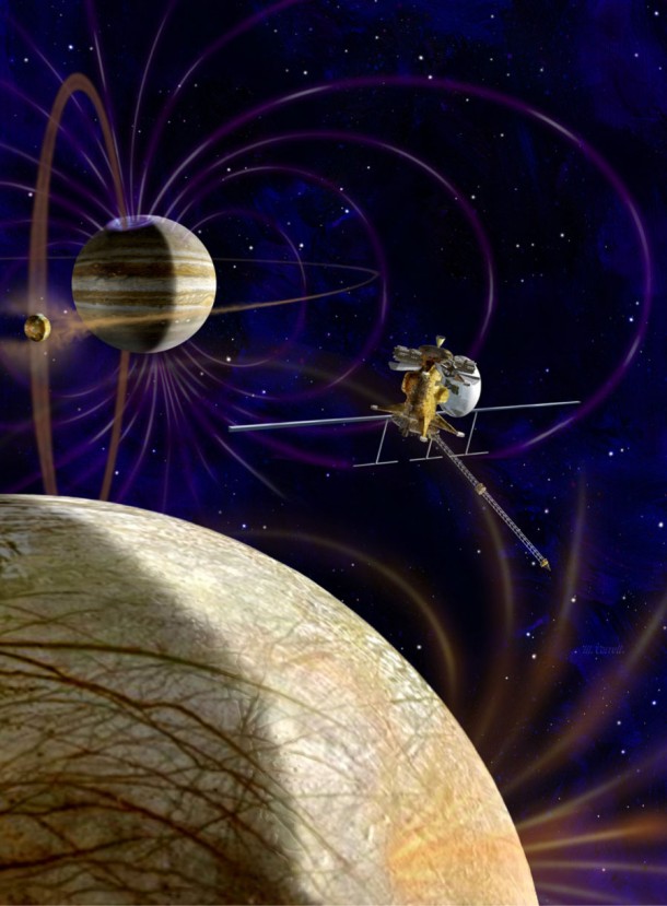 This artist’s concept shows NASA's Jupiter Europa Orbiter which will carry a complement of 11 instruments to explore Europa and the Jupiter System. The spacecraft is part of the joint NASA-ESA Europa Jupiter System Mission (EJSM). Image credit: NASA/ESA This artist’s concept shows NASA's Jupiter Europa Orbiter which will carry a complement of 11 instruments to explore Europa and the Jupiter System. The spacecraft is part of the joint NASA-ESA Europa Jupiter System Mission (EJSM). Image credit: NASA/ESA