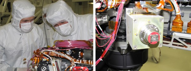 Image on the left shows Grad student Nicholas Boyd (left) and Principal Investigator Ralf Gellert, both of the University of Guelph, Ontario, Canada, preparing for the installation of the sensor head on the Alpha Particle X-ray Spectrometer instrument during testing at NASA's Jet Propulsion Laboratory.The instrument is part of the Curiosity rover, which will fly on NASA's Mars Science Laboratory mission. The sensor head is 7.8 centimeters, or about 3 inches tall. Image credit: NASA/JPL-Caltech Image on the left shows Grad student Nicholas Boyd (left) and Principal Investigator Ralf Gellert, both of the University of Guelph, Ontario, Canada, preparing for the installation of the sensor head on the Alpha Particle X-ray Spectrometer instrument during testing at NASA's Jet Propulsion Laboratory.The instrument is part of the Curiosity rover, which will fly on NASA's Mars Science Laboratory mission. The sensor head is 7.8 centimeters, or about 3 inches tall. Image credit: NASA/JPL-Caltech