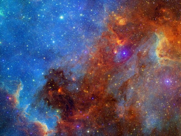 This new view of the North American nebula combines both visible and infrared light observations, taken by the Digitized Sky Survey and NASA's Spitzer Space Telescope, respectively, into a single vivid picture. Image credit: NASA/JPL-Caltech This new view of the North American nebula combines both visible and infrared light observations, taken by the Digitized Sky Survey and NASA's Spitzer Space Telescope, respectively, into a single vivid picture. Image credit: NASA/JPL-Caltech