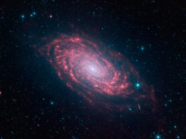 This image from NASA's Spitzer Space Telescope shows infrared light from the Sunflower galaxy, otherwise known as Messier 63. Spitzer's view highlights the galaxy's dusty spiral arms. Image credit: NASA/JPL-Caltech This image from NASA's Spitzer Space Telescope shows infrared light from the Sunflower galaxy, otherwise known as Messier 63. Spitzer's view highlights the galaxy's dusty spiral arms. Image credit: NASA/JPL-Caltech
