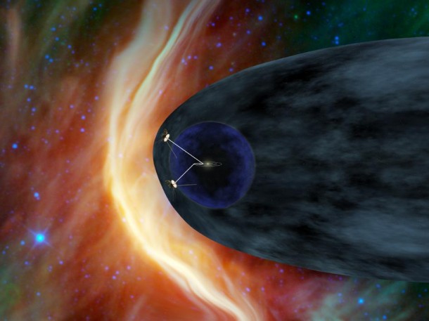 This artist's concept shows NASA's two Voyager spacecraft exploring a turbulent region of space known as the heliosheath, the outer shell of the bubble of charged particles around our sun. Image credit: NASA/JPL-Caltech This artist's concept shows NASA's two Voyager spacecraft exploring a turbulent region of space known as the heliosheath, the outer shell of the bubble of charged particles around our sun. Image credit: NASA/JPL-Caltech