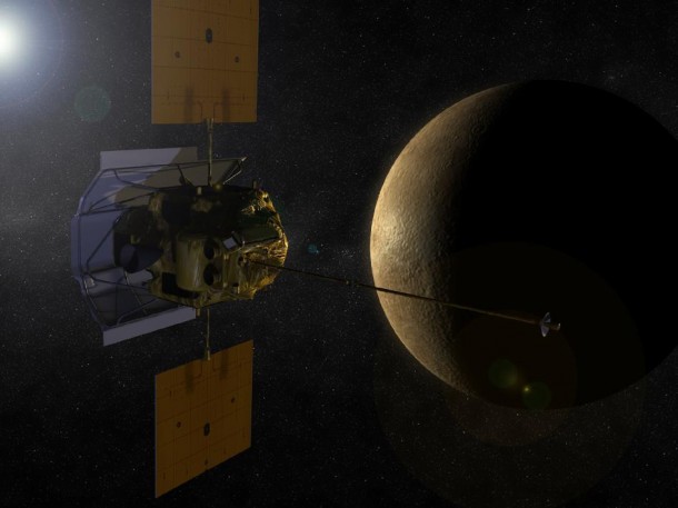 Artist's concept of MESSENGER in orbit around Mercury. Artist's concept of MESSENGER in orbit around Mercury.