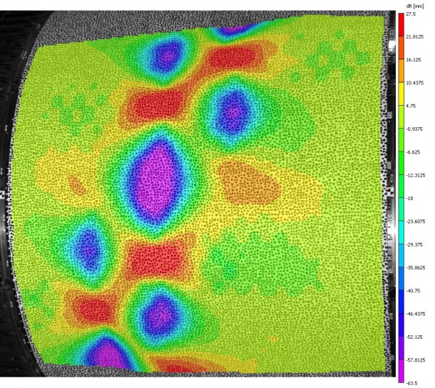 This graphic from the video image correlation system shows shell wall displacement at the end of the loading sequence of the March 23, 2001 Shell Buckling Knockdown Factor Test. (NASA) This graphic from the video image correlation system shows shell wall displacement at the end of the loading sequence of the March 23, 2001 Shell Buckling Knockdown Factor Test. (NASA)
