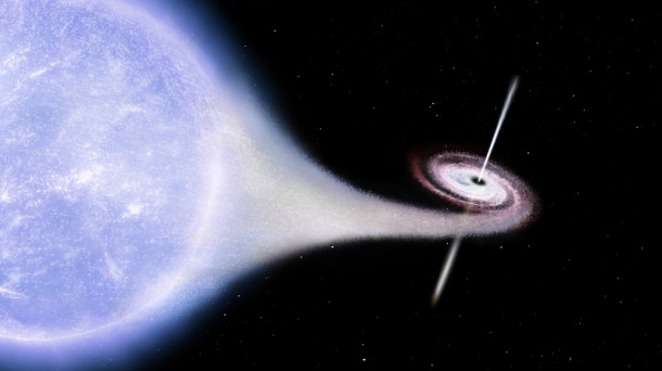 An artist's impression of the Cygnus X-1 black hole system. Gas from a nearby supergiant star spirals down into the black hole but a small fraction is diverted by magnetic fields into jets that shoot back into space. Credits: ESA An artist's impression of the Cygnus X-1 black hole system. Gas from a nearby supergiant star spirals down into the black hole but a small fraction is diverted by magnetic fields into jets that shoot back into space. Credits: ESA