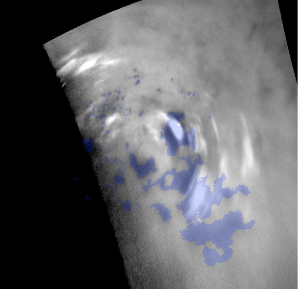 Clouds move above the large methane lakes and seas near the north pole of Saturn's moon Titan in this movie made from images taken by NASA's Cassini spacecraft. Image credit: NASA/JPL/SSI Clouds move above the large methane lakes and seas near the north pole of Saturn's moon Titan in this movie made from images taken by NASA's Cassini spacecraft. Image credit: NASA/JPL/SSI