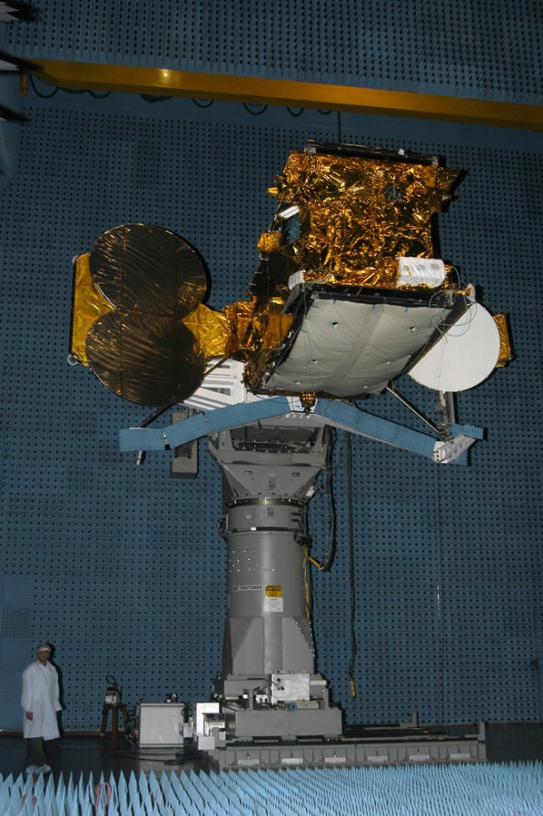 Hylas-1 during final antenna tests in the ISRO Test Range Credits: ISRO Hylas-1 during final antenna tests in the ISRO Test Range Credits: ISRO