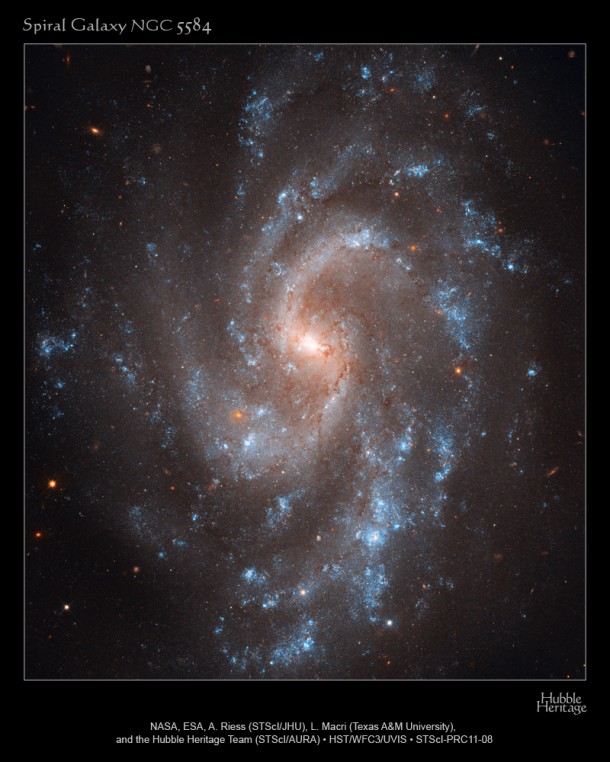 Object Name: NGC 5584 Image Type: Astronomical Credit: NASA, ESA, A. Riess (STScI/JHU), L. Macri (Texas A&M University), and the Hubble Heritage Team (STScI/AURA) Object Name: NGC 5584 Image Type: Astronomical Credit: NASA, ESA, A. Riess (STScI/JHU), L. Macri (Texas A&M University), and the Hubble Heritage Team (STScI/AURA)