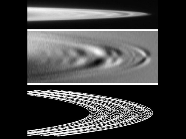 Subtle Ripples in Jupiter's Ring These images, derived from data obtained by NASA’s Galileo spacecraft, show the subtle ripples in the ring of Jupiter that scientists have been able to trace back to the impact of comet Shoemaker-Levy 9 in July 1994. Image credit: NASA/JPL-Caltech/SETI Subtle Ripples in Jupiter's Ring These images, derived from data obtained by NASA’s Galileo spacecraft, show the subtle ripples in the ring of Jupiter that scientists have been able to trace back to the impact of comet Shoemaker-Levy 9 in July 1994. Image credit: NASA/JPL-Caltech/SETI