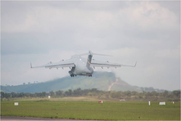 A U.S. Air Force C-17 transport plane carrying the Aquarius/SAC-D spacecraft departs Sáo José dos Campos, Brazil, on March 29. Following an overnight stop in Puerto Rico, the international spacecraft and its NASA-built primary instrument, Aquarius, arrived at California's Vandenberg Air Force Base on March 30. Launch is scheduled for June 9. Credit: NASA/JPL A U.S. Air Force C-17 transport plane carrying the Aquarius/SAC-D spacecraft departs Sáo José dos Campos, Brazil, on March 29. Following an overnight stop in Puerto Rico, the international spacecraft and its NASA-built primary instrument, Aquarius, arrived at California's Vandenberg Air Force Base on March 30. Launch is scheduled for June 9. Credit: NASA/JPL