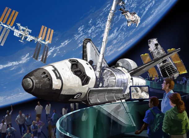 Another view of the space shuttle in its exhibit at the Kennedy Space Center Visitor Complex. Artist concept courtesy Kennedy Space Center Visitor Complex Another view of the space shuttle in its exhibit at the Kennedy Space Center Visitor Complex. Artist concept courtesy Kennedy Space Center Visitor Complex