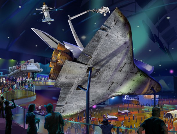 A concept drawing showing space shuttle Atlantis as the centerpiece of a new exhibit showcasing the Space Shuttle Program. The display shows the orbiter in its on-orbit configuration, with the cargo bay doors open and robotic arm extended. Artist concept courtesy Kennedy Space Center Visitor Complex A concept drawing showing space shuttle Atlantis as the centerpiece of a new exhibit showcasing the Space Shuttle Program. The display shows the orbiter in its on-orbit configuration, with the cargo bay doors open and robotic arm extended. Artist concept courtesy Kennedy Space Center Visitor Complex