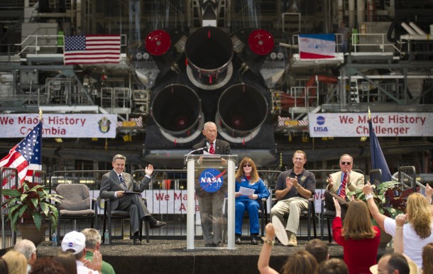 NASA Administrator Charlie Bolden, standing, announces that Atlantis will remain at KSC on permanent exhibition at the Kennedy Space Center Visitor Complex. To his left is Kennedy Space Center Director Bob Cabana. Astronaut Janet Kavandi, to Bolden's right, USA's Mike Parrish and STS-1 Pilot and former Kennedy Space Center Director Bob Crippen spoke during the ceremony. Photo credit: NASA/Bill Ingalls NASA Administrator Charlie Bolden, standing, announces that Atlantis will remain at KSC on permanent exhibition at the Kennedy Space Center Visitor Complex. To his left is Kennedy Space Center Director Bob Cabana. Astronaut Janet Kavandi, to Bolden's right, USA's Mike Parrish and STS-1 Pilot and former Kennedy Space Center Director Bob Crippen spoke during the ceremony. Photo credit: NASA/Bill Ingalls