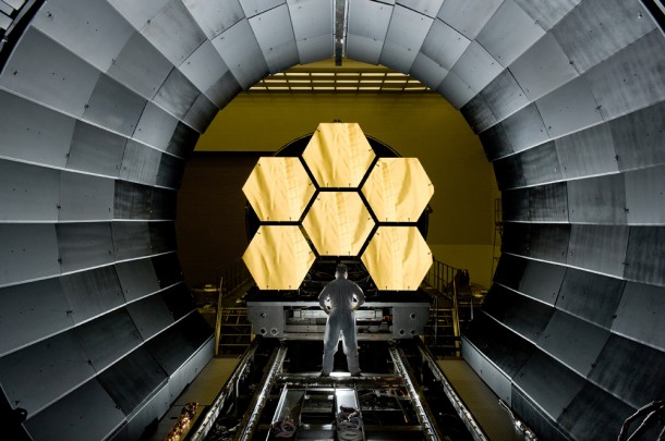 NASA engineer Ernie Wright looks on as the first six flight ready James Webb Space Telescope's primary mirror segments are prepped to begin final cryogenic testing at NASA's Marshall Space Flight Center in Huntsville, Ala. (NASA/MSFC/David Higginbotham) NASA engineer Ernie Wright looks on as the first six flight ready James Webb Space Telescope's primary mirror segments are prepped to begin final cryogenic testing at NASA's Marshall Space Flight Center in Huntsville, Ala. (NASA/MSFC/David Higginbotham)