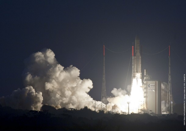 Ariane 5 lifts off from the Spaceport carrying a record payload mass with its Yahsat Y1A and Intelsat New Dawn satellite passengers. Ariane 5 lifts off from the Spaceport carrying a record payload mass with its Yahsat Y1A and Intelsat New Dawn satellite passengers.