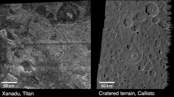 Titan and Callisto These images compare surface features observed by NASA's Cassini spacecraft at the Xanadu region on Saturn's moon Titan (left), and features observed by NASA's Galileo spacecraft on Jupiter's cratered moon Callisto (right). Image credit: NASA/JPL-Caltech Titan and Callisto These images compare surface features observed by NASA's Cassini spacecraft at the Xanadu region on Saturn's moon Titan (left), and features observed by NASA's Galileo spacecraft on Jupiter's cratered moon Callisto (right). Image credit: NASA/JPL-Caltech