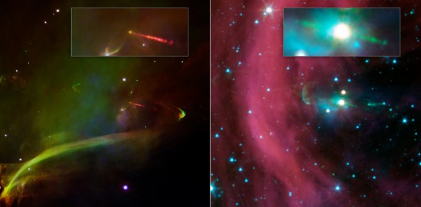 This image layout shows two views of the same baby star -- at left is a visible-light image, and at right is an infrared image from NASA's Spitzer Space Telescope. Image credit: NASA/JPL-Caltech This image layout shows two views of the same baby star -- at left is a visible-light image, and at right is an infrared image from NASA's Spitzer Space Telescope. Image credit: NASA/JPL-Caltech