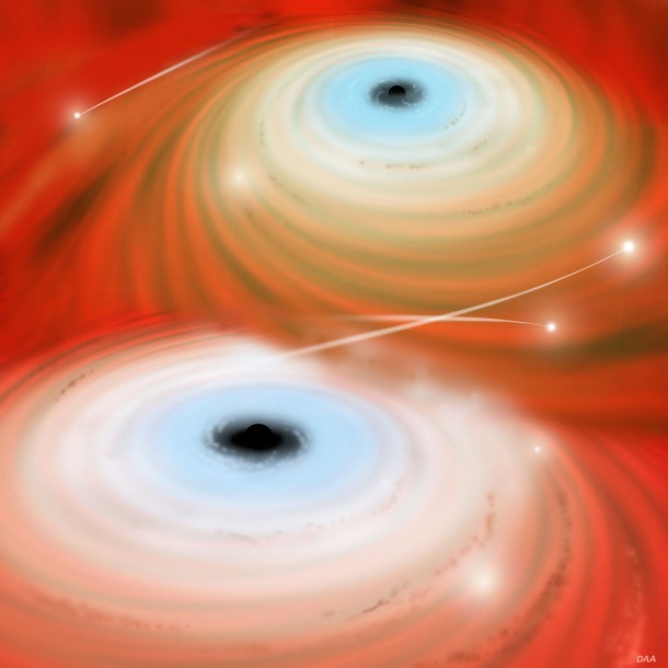In this artist's conception, two black holes are about to merge. When they combine, gravitational wave radiation will "kick" the black hole like a rocket engine, sending it rampaging through nearby stars. Credit: David A. Aguilar (CfA) In this artist's conception, two black holes are about to merge. When they combine, gravitational wave radiation will "kick" the black hole like a rocket engine, sending it rampaging through nearby stars. Credit: David A. Aguilar (CfA)