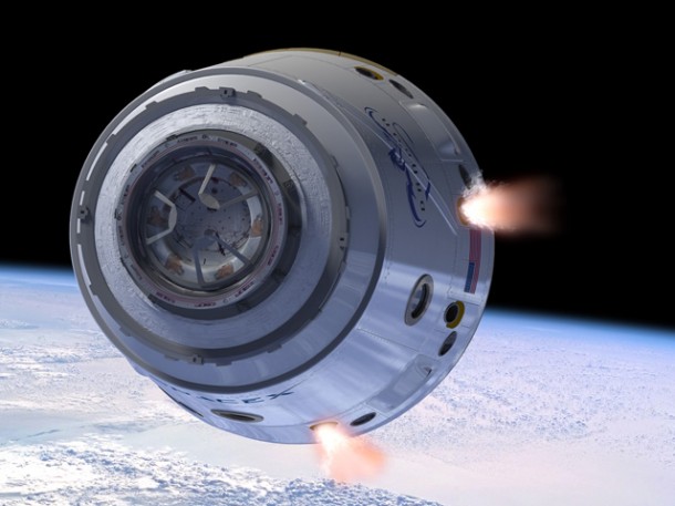 Artists image of the Dragon spacecraft in orbit. The new launch abort system provides crew with emergency escape capability throughout the entire flight and returns with the spacecraft, allowing for easy reuse and radical reductions in the cost of space transport. Credit: SpaceX Artists image of the Dragon spacecraft in orbit. The new launch abort system provides crew with emergency escape capability throughout the entire flight and returns with the spacecraft, allowing for easy reuse and radical reductions in the cost of space transport. Credit: SpaceX