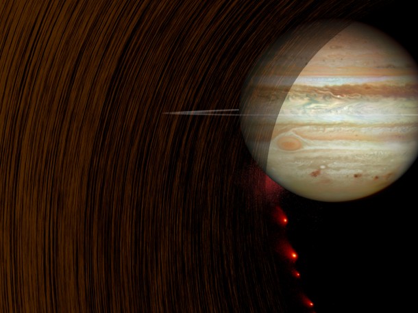 Comet Impact Into Jupiter This artist's concept shows comet Shoemaker-Levy 9 heading into Jupiter in July 1994, while its dust cloud creates a rippling wake in Jupiter's ring. Image credit: copyright M. Showalter Comet Impact Into Jupiter This artist's concept shows comet Shoemaker-Levy 9 heading into Jupiter in July 1994, while its dust cloud creates a rippling wake in Jupiter's ring. Image credit: copyright M. Showalter