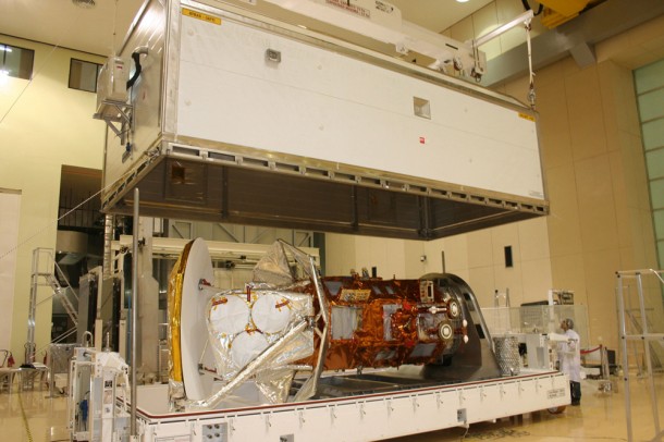 Technicians lower the cover over the shipping container holding the international Aquarius/SAC-D spacecraft at Brazil's National Institute for Space Research in Sáo José dos Campos, in preparation for its transport to California's Vandenberg Air Force Base for launch this June. Credit: NASA/JPL Technicians lower the cover over the shipping container holding the international Aquarius/SAC-D spacecraft at Brazil's National Institute for Space Research in Sáo José dos Campos, in preparation for its transport to California's Vandenberg Air Force Base for launch this June. Credit: NASA/JPL