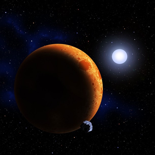 CfA astronomers have found a pair of white dwarf stars orbiting each other once every 39 minutes. In a few million years, they will merge and reignite as a helium-burning star. In this artist's conception, the reborn star is shown with a hypothetical world. Credit: David A. Aguilar (CfA) CfA astronomers have found a pair of white dwarf stars orbiting each other once every 39 minutes. In a few million years, they will merge and reignite as a helium-burning star. In this artist's conception, the reborn star is shown with a hypothetical world. Credit: David A. Aguilar (CfA)