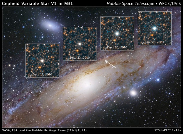 NASA's Hubble Space Telescope has been trained on a single variable star that in 1923 altered the course of modern astronomy. V1 is a special class of pulsating star called a Cepheid variable that can be used to make reliable measurements of large cosmic distances. Credit: NASA, ESA, and the Hubble Heritage Team (STScI/AURA) NASA's Hubble Space Telescope has been trained on a single variable star that in 1923 altered the course of modern astronomy. V1 is a special class of pulsating star called a Cepheid variable that can be used to make reliable measurements of large cosmic distances. Credit: NASA, ESA, and the Hubble Heritage Team (STScI/AURA)