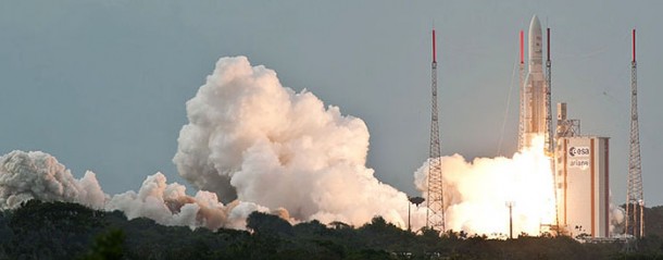 The heavy-lift Ariane 5 provided a total payload delivery performance of more than 9,010 kg. for today’s dual-satellite mission. The heavy-lift Ariane 5 provided a total payload delivery performance of more than 9,010 kg. for today’s dual-satellite mission.