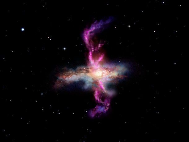 An artist’s impression showing a galaxy with a molecular outflow  