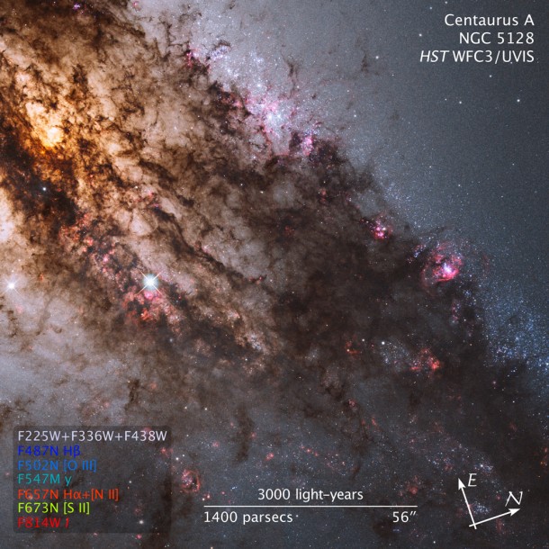 Resembling looming rain clouds on a stormy day, dark lanes of dust crisscross the giant elliptical galaxy Centaurus A. Credit: NASA/ ESA/Hubble Heritage Resembling looming rain clouds on a stormy day, dark lanes of dust crisscross the giant elliptical galaxy Centaurus A. Credit: NASA/ ESA/Hubble Heritage