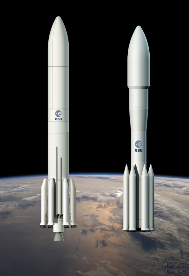 NGL concepts under study - Left: main stage powered by a cryogenic liquid oxygen and hydrogen engine (staged combustion cycle), with a cryogenic reignitable engine for the upper stage. Right: first two stages powered by solid propellants, with a cryogenic reignitable engine for the upper stage. NGL concepts under study - Left: main stage powered by a cryogenic liquid oxygen and hydrogen engine (staged combustion cycle), with a cryogenic reignitable engine for the upper stage. Right: first two stages powered by solid propellants, with a cryogenic reignitable engine for the upper stage.