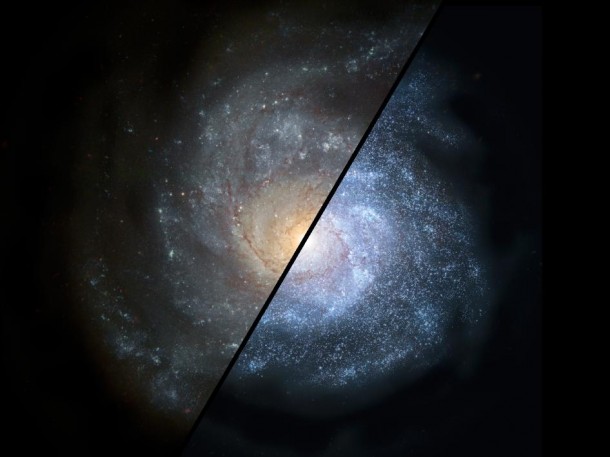 This split view shows how a normal spiral galaxy around our local universe (left) might have looked back in the distant universe, when astronomers think galaxies would have been filled with larger populations of hot, bright stars (right). Image credit: NASA/JPL-Caltech/STScI This split view shows how a normal spiral galaxy around our local universe (left) might have looked back in the distant universe, when astronomers think galaxies would have been filled with larger populations of hot, bright stars (right). Image credit: NASA/JPL-Caltech/STScI