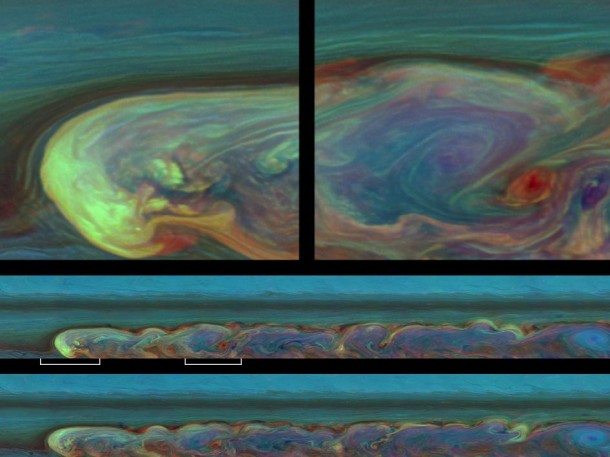 These false-color images from NASA's Cassini spacecraft chronicle a day in the life of a huge storm that developed from a small spot that appeared 12 weeks earlier in Saturn's northern mid-latitudes. Image credit: NASA/JPL-Caltech/SSI These false-color images from NASA's Cassini spacecraft chronicle a day in the life of a huge storm that developed from a small spot that appeared 12 weeks earlier in Saturn's northern mid-latitudes. Image credit: NASA/JPL-Caltech/SSI