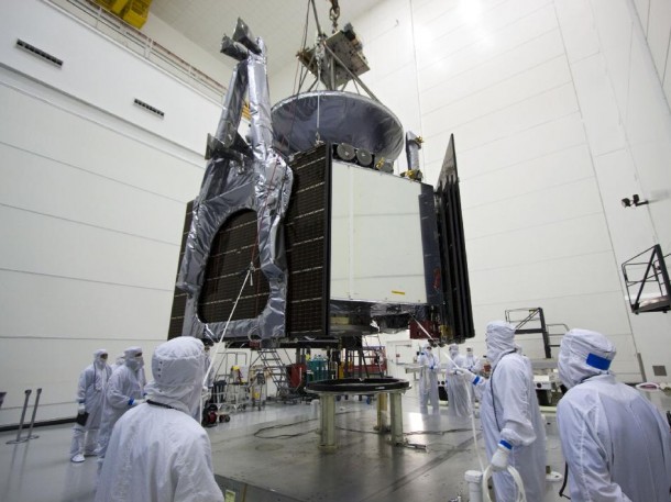 Technicians use an overhead crane to lower NASA's Juno spacecraft onto a fueling stand at Astrotech's Hazardous Processing Facility in Titusville, Fla. Image credit: NASA/KSC Technicians use an overhead crane to lower NASA's Juno spacecraft onto a fueling stand at Astrotech's Hazardous Processing Facility in Titusville, Fla. Image credit: NASA/KSC