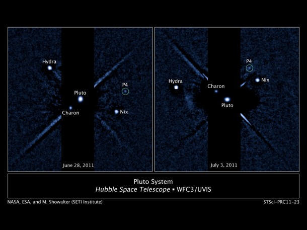 Two labeled images of the Pluto system taken by the Hubble Space Telescope's Wide Field Camera 3 ultraviolet visible instrument with newly discovered fourth moon P4 circled. The image on the left was taken on June 28, 2011. The image of the right was taken on July 3, 2011. Credit: NASA, ESA, and M. Showalter (SETI institute) Two labeled images of the Pluto system taken by the Hubble Space Telescope's Wide Field Camera 3 ultraviolet visible instrument with newly discovered fourth moon P4 circled. The image on the left was taken on June 28, 2011. The image of the right was taken on July 3, 2011. Credit: NASA, ESA, and M. Showalter (SETI institute)
