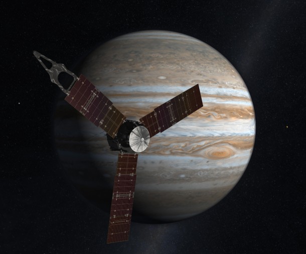 NASA's Juno spacecraft passes in front of Jupiter in this artist's depiction. Juno, the second mission in NASA's New Frontiers program, will improve our understanding of the solar system by advancing studies of the origin and evolution of Jupiter. Image credit: NASA/JPL-Caltech NASA's Juno spacecraft passes in front of Jupiter in this artist's depiction. Juno, the second mission in NASA's New Frontiers program, will improve our understanding of the solar system by advancing studies of the origin and evolution of Jupiter. Image credit: NASA/JPL-Caltech