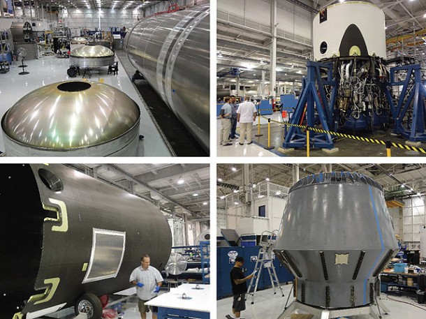 Upper Left: First stage tank, with domes and barrels for the second stage. Upper Right: All nine Merlin engines have been individually tested in Texas and then returned to California for integration into the thrust assembly. Lower Left: Composite interstage structure that joins the stages. Lower Right: The pressure vessel for the CRS-1 Dragon spacecraft has 10 cubic meters (350 cu ft) of interior volume. Photos: Roger Gilbertson / SpaceX Upper Left: First stage tank, with domes and barrels for the second stage. Upper Right: All nine Merlin engines have been individually tested in Texas and then returned to California for integration into the thrust assembly. Lower Left: Composite interstage structure that joins the stages. Lower Right: The pressure vessel for the CRS-1 Dragon spacecraft has 10 cubic meters (350 cu ft) of interior volume. Photos: Roger Gilbertson / SpaceX