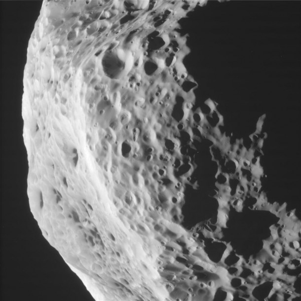 Side view taken by NASA's Cassini spacecraft of Saturn's moon Hyperion. Image credit: NASA/JPL-Caltech/Space Science Institute Side view taken by NASA's Cassini spacecraft of Saturn's moon Hyperion. Image credit: NASA/JPL-Caltech/Space Science Institute