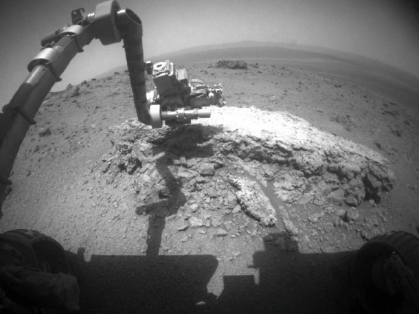 NASA's Mars Exploration Rover Opportunity used its front hazard-avoidance camera to take this picture showing the rover's arm extended toward a light-toned rock, "Tisdale 2," during the 2,695th Martian day, or sol, of the rover's work on Mars (Aug. 23, 2011). Tisdale 2 is about 12 inches (30 centimeters) tall. Image Credit: NASA/JPL-Caltech NASA's Mars Exploration Rover Opportunity used its front hazard-avoidance camera to take this picture showing the rover's arm extended toward a light-toned rock, "Tisdale 2," during the 2,695th Martian day, or sol, of the rover's work on Mars (Aug. 23, 2011). Tisdale 2 is about 12 inches (30 centimeters) tall. Image Credit: NASA/JPL-Caltech