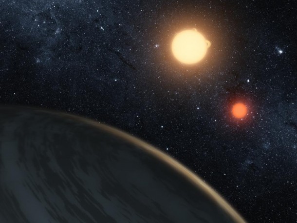 In the Light of Two Suns - This artist's concept illustrates Kepler-16b, the first planet known to definitively orbit two stars -- what's called a circumbinary planet. The planet, which can be seen in the foreground, was discovered by NASA's Kepler mission. Image credit: NASA/JPL-Caltech/T. Pyle In the Light of Two Suns - This artist's concept illustrates Kepler-16b, the first planet known to definitively orbit two stars -- what's called a circumbinary planet. The planet, which can be seen in the foreground, was discovered by NASA's Kepler mission. Image credit: NASA/JPL-Caltech/T. Pyle