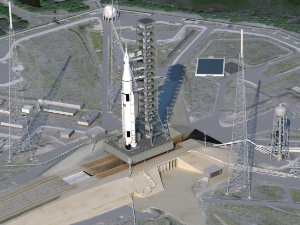 The Space Launch System as it is expected to look standing on the launch pad. It will be manufactured using modern techniques and include the latest technological inovations. NASA/Artist concept. The Space Launch System as it is expected to look standing on the launch pad. It will be manufactured using modern techniques and include the latest technological inovations. NASA/Artist concept.