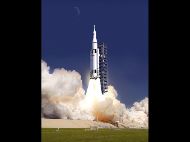 The Space Launch System will use Space Shuttle Main Engines on its core stage and solid-fueled boosters during its first launch, though those may be replaced for later launches. NASA/Artist concept The Space Launch System will use Space Shuttle Main Engines on its core stage and solid-fueled boosters during its first launch, though those may be replaced for later launches. NASA/Artist concept