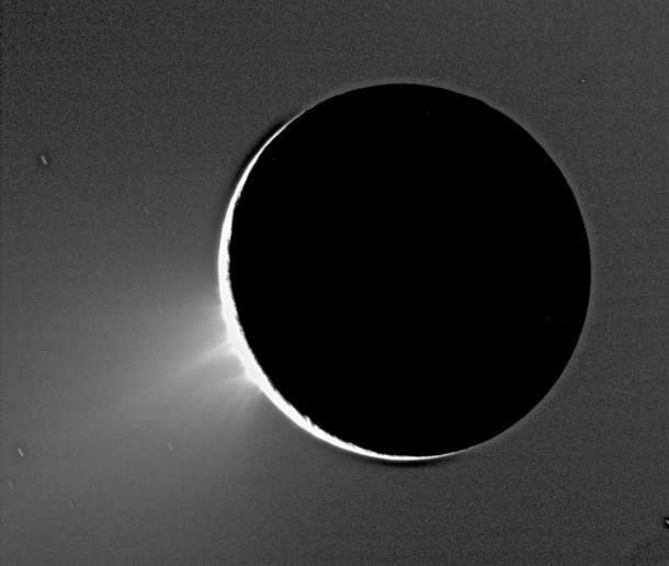 Water vapor and ice erupt from Saturn's moon Enceladus, the source of a newly discovered donut-shaped cloud around Saturn. Image credit: NASA/JPL-Caltech/Space Science Institute Water vapor and ice erupt from Saturn's moon Enceladus, the source of a newly discovered donut-shaped cloud around Saturn. Image credit: NASA/JPL-Caltech/Space Science Institute