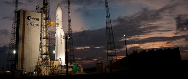 Ariane 5 is poised for its sunset liftoff at the Spaceport, marking the 60th mission of this heavy-lift workhorse from French Guiana. Ariane 5 is poised for its sunset liftoff at the Spaceport, marking the 60th mission of this heavy-lift workhorse from French Guiana.
