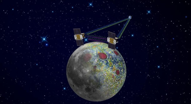 Using a precision formation-flying technique, the twin GRAIL spacecraft will map the moon's gravity field, as depicted in this artist's rendering. Image credit: NASA/JPL-Caltech Using a precision formation-flying technique, the twin GRAIL spacecraft will map the moon's gravity field, as depicted in this artist's rendering. Image credit: NASA/JPL-Caltech