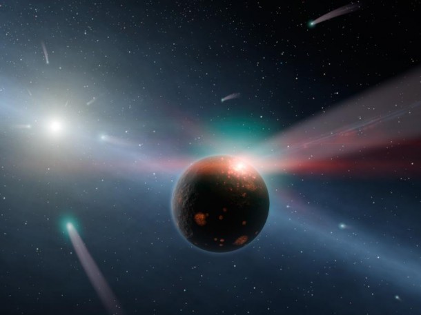 This artist's conception illustrates a storm of comets around a star near our own, called Eta Corvi. Evidence for this barrage comes from NASA's Spitzer Space Telescope, whose infrared detectors picked up indications that one or more comets was recently torn to shreds after colliding with a rocky body. Image credit: NASA/JPL-Caltech This artist's conception illustrates a storm of comets around a star near our own, called Eta Corvi. Evidence for this barrage comes from NASA's Spitzer Space Telescope, whose infrared detectors picked up indications that one or more comets was recently torn to shreds after colliding with a rocky body. Image credit: NASA/JPL-Caltech